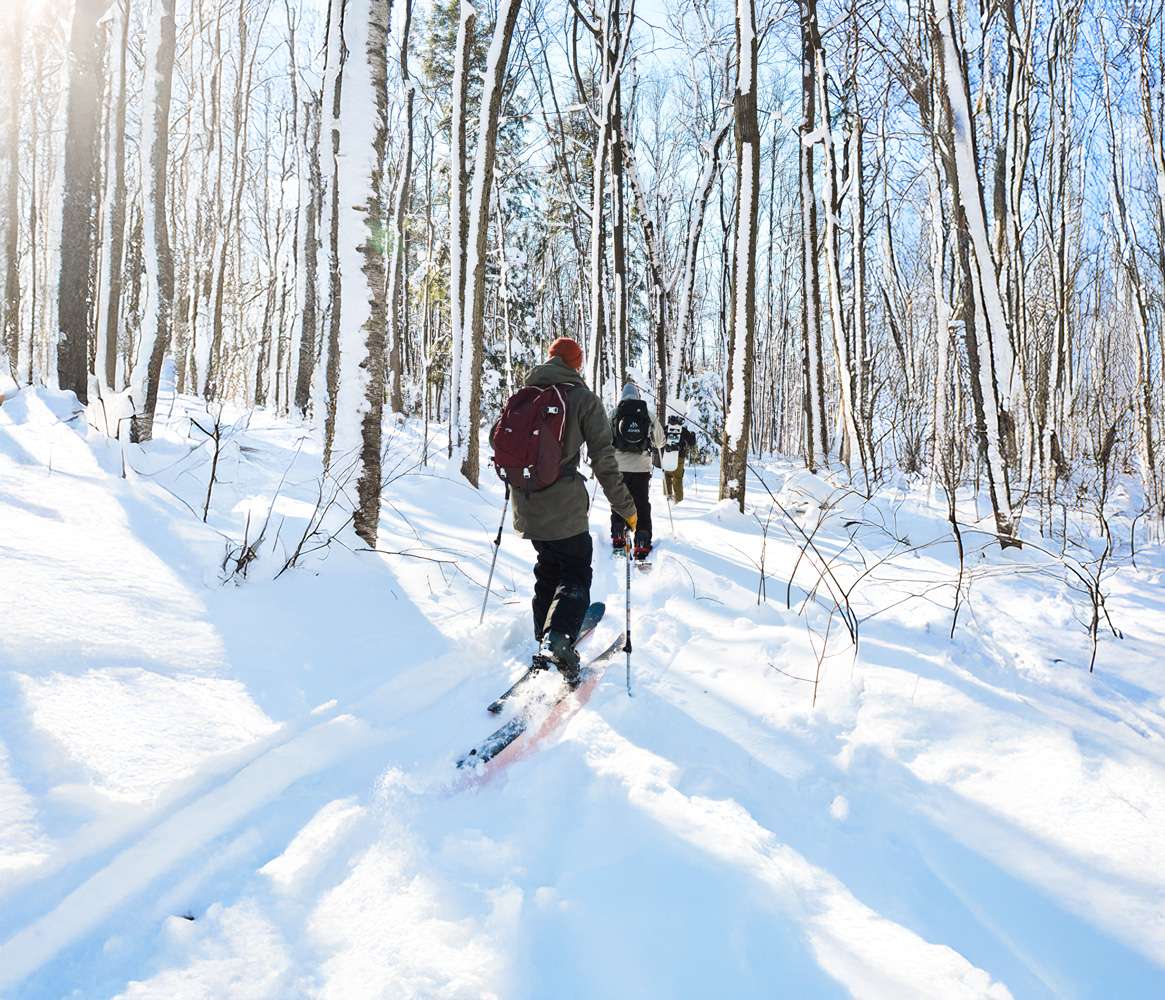 Three skiers ascending on an alpine tour on a sunny and well-snowy day — Mont Rigaud, ski resort, snowboarding, alpine touring, mountain biking and hiking, family-friendly, in Rigaud, Quebec, near Montreal